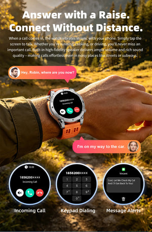 Wrist with silver watch and orange band showing incoming call; incoming call, keypad and message screens