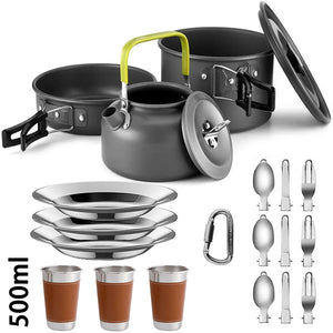 Black-handle 3-person set with 500 ml cups, plates and folding utensils