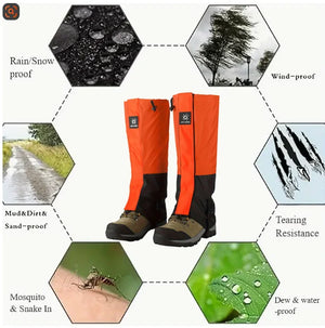 Orange and black gaiters with printed claims: rain, snow, wind and mud proof