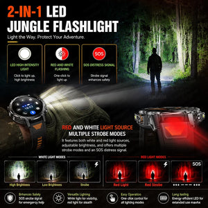 Infographic of the watch's white and red side lights with brightness, strobe and SOS light modes