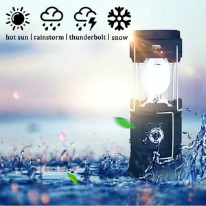 Black lantern lit among water splashes, with sun, rain, storm and snow icons
