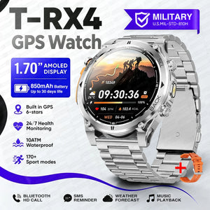 Silver watch with silver stainless link band and spare orange silicone strap, hiker watch face