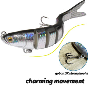 Silver jointed swimbait with a close-up of the treble hook