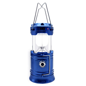 Blue collapsible lantern pulled open with both wire handles up, no fan shown