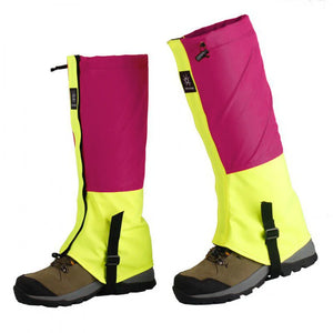 Pink and neon yellow DriftPeak leg gaiters on hiking boots