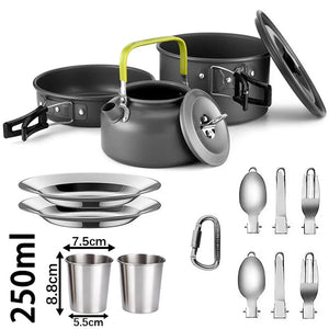 Black-handle 2-person set with 250 ml cups, plates and folding utensils