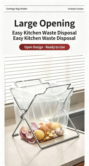Steel bag holder with a wide open top full of kitchen scraps; text says large opening