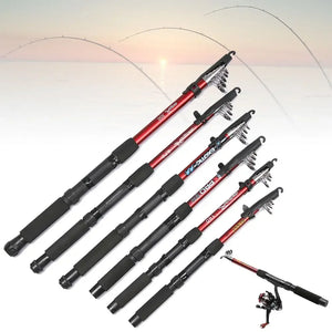 Six collapsed red telescopic fishing rods with foam grips