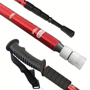 Close-up of a red RidgeWalk pole: 105 and 110 cm marks, STOP line, lock plug, tip and ridged grip