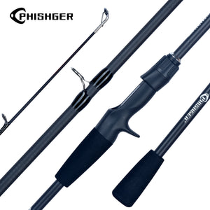 Travel fishing rod with casting and spinning handles and black carbon blank
