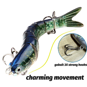 Blue and green jointed swimbait with a close-up of the treble hook