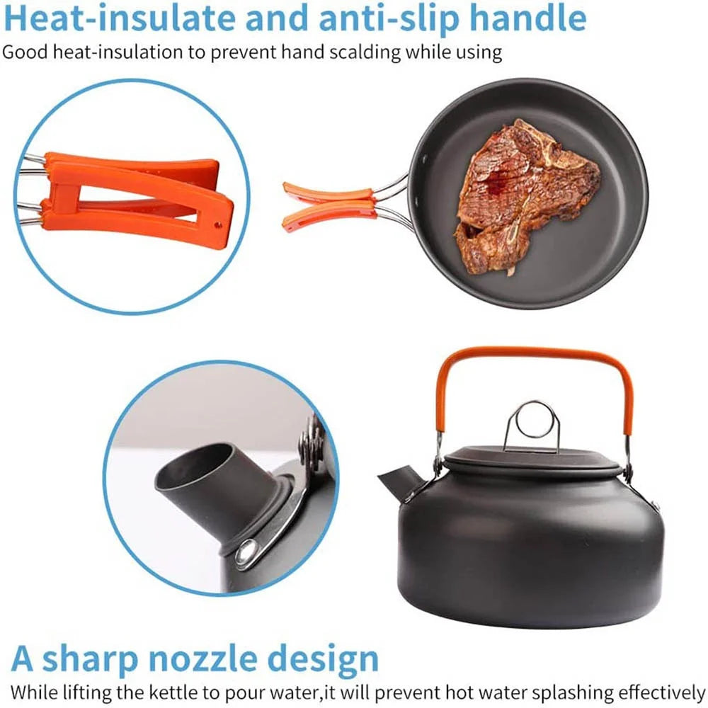 Orange 3-person cook set with 500 ml cups, plates, folding utensils and carabiner