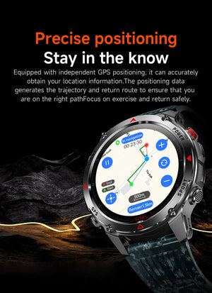 Smartwatch with grey digital camo band showing an on-screen navigation map