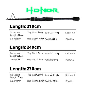 Light power telescopic fishing rod sizes 210, 240 and 270 cm