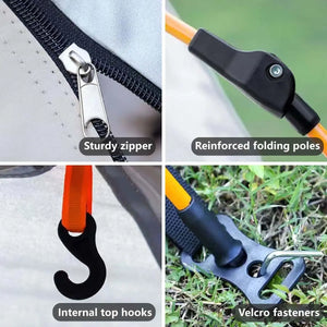 Tent details: sturdy zipper, folding poles, inside top hooks, stake loops