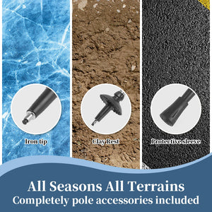 Trekking pole tips for ice, mud and pavement: iron tip, mud basket and rubber tip cover