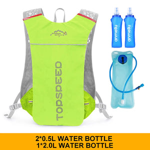 Fluorescent green hydration vest with two soft bottles and a 2L water bladder