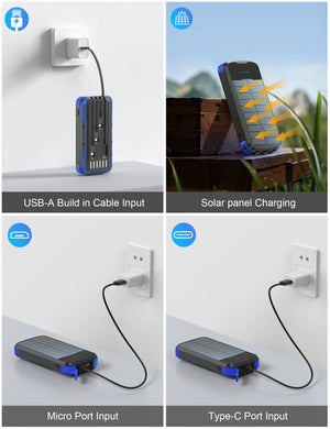 Blue solar power bank charging from a wall plug, from the sun, and by micro USB and USB-C