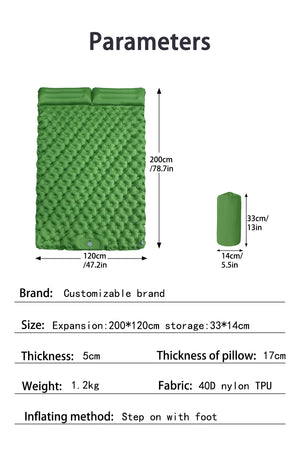 2 person pad size: 78.7 x 47.2 in, packs to 13 x 5.5 in, about 2.6 lb