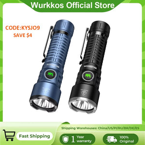 Blue and black Wurkkos TS28 flashlights with pocket clips; seller banner