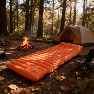 Orange 4 inch sleeping pad by a campfire and tent in the woods