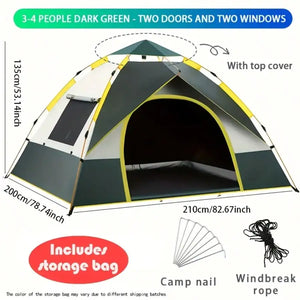 Dark green large tent for 3-4 people, 210 x 200 x 135 cm, with top cover, stakes and rope