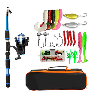 Blue telescopic fishing kit with spinning reel, soft baits, spoons and carry bag