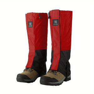 Red and black DriftPeak leg gaiters on hiking boots