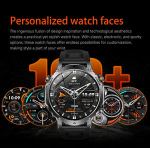 Black rugged smartwatch in the center with five round watch face styles around it