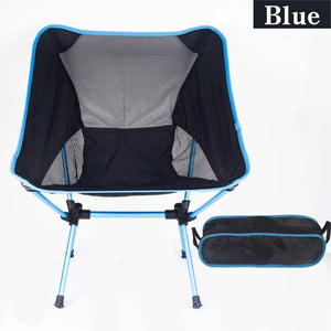 Blue mesh moon chair front view with flat carry bag