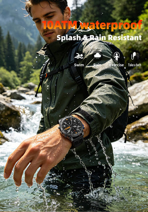 Hiker splashing wrist in a mountain stream wearing black watch; icons for swim, rain, exercise and bath