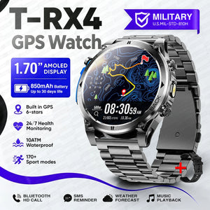 Dark gray watch with black steel link band and spare black silicone strap, topo map watch face