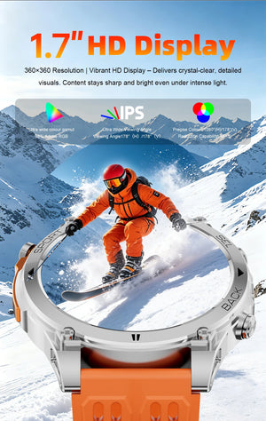 Silver watch with orange band, screen showing a skier on a snowy slope, display feature icons above