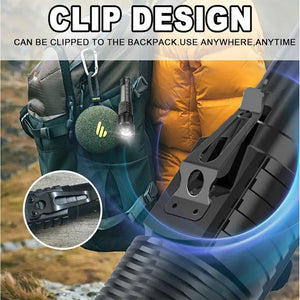 Flashlight clipped to a backpack strap; close-up of the clip