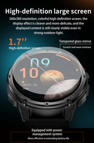 Close-up of black smartwatch with 1.7 inch round screen showing planet dial and glass cover layer