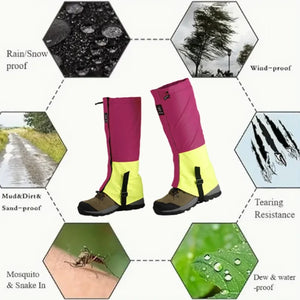 Pink and neon yellow gaiters with printed claims: rain, snow, wind, mud and sand proof