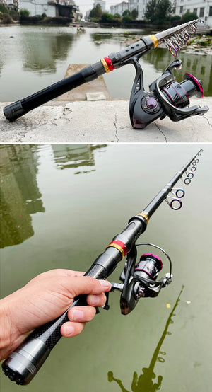 Rod and reel combo held over a pond, two views