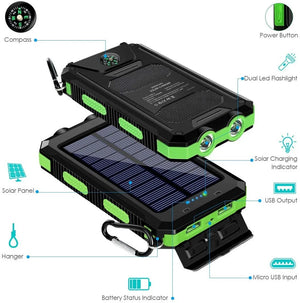 Green TrailCell solar power bank parts: compass, dual flashlight, hanger clip, USB ports, Micro USB input