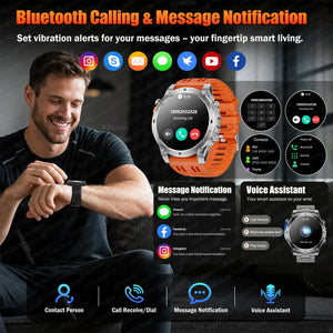 Man checking watch; silver watch with orange band shows incoming call, keypad, contacts and notification screens