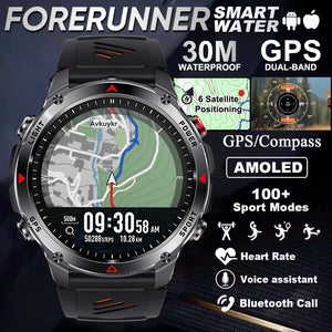 Black round smartwatch with orange-striped black band showing a map watch face beside feature icons