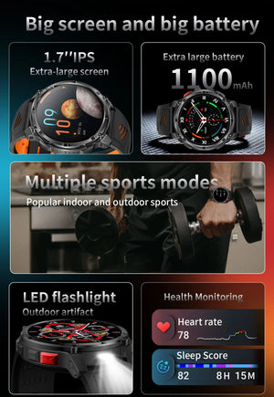 Black smartwatch panels: planet dial, analog dial, dumbbell workout, LED flashlight, activity screens
