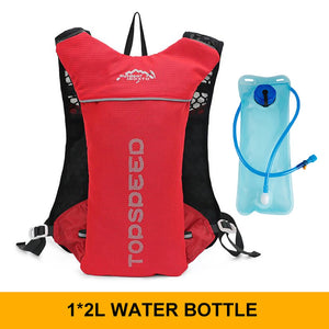 Red hydration vest with a 2L water bladder