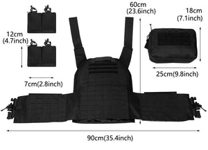 Artex vest laid flat: 90 cm waist band, 60 cm tall, with pouch sizes
