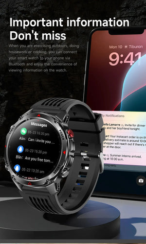 Black smartwatch showing message notifications next to a smartphone lock screen