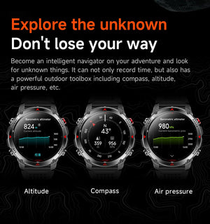 Three black-band smartwatches showing altitude, compass and air pressure screens on a dark background