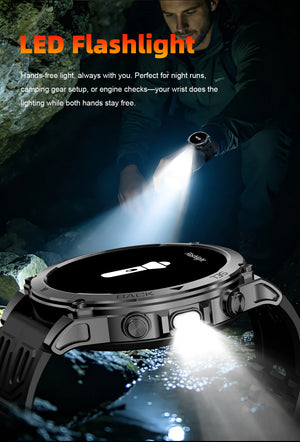 Man in a dark cave using the watch LED flashlight; close-up of light shining from the watch side