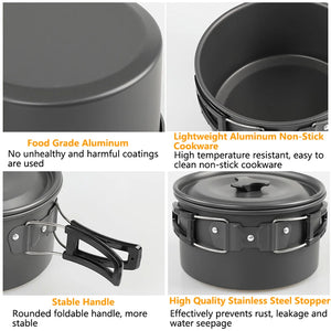 Close-ups of the aluminum pot, non-stick inside, folding handle and lid knob