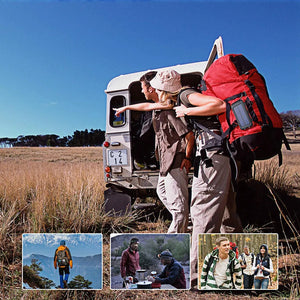 Hikers by a truck with a solar power bank clipped to a red backpack, plus camp and trail photos