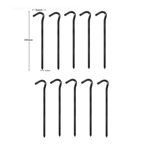 Ten black hook tent stakes in two rows