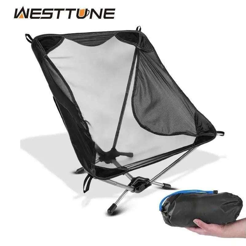 Grey ultralight backpacking chair with packed stuff sack